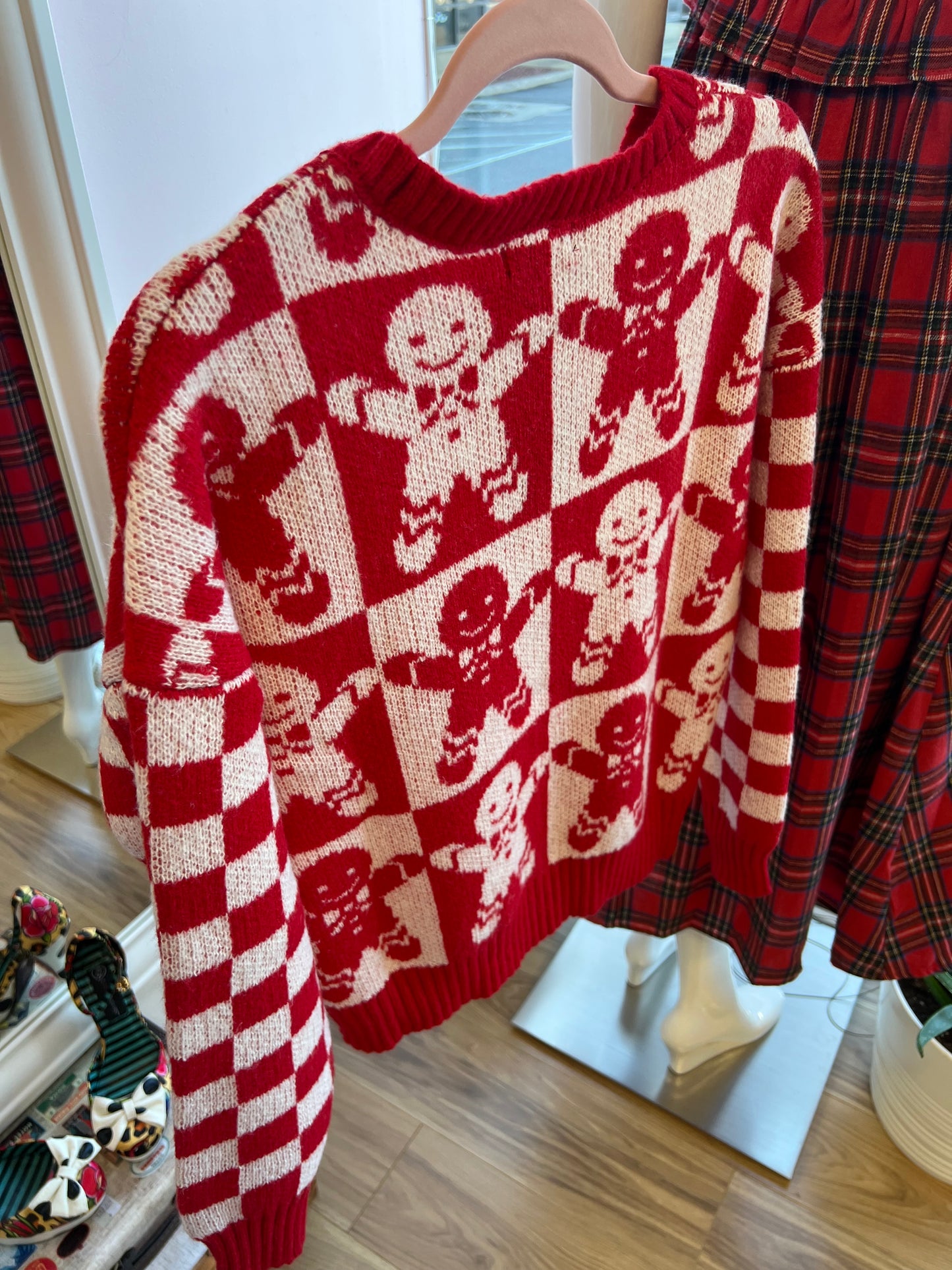 Red Multi- Checkered Gingerbread Jacquard Knit Sweater