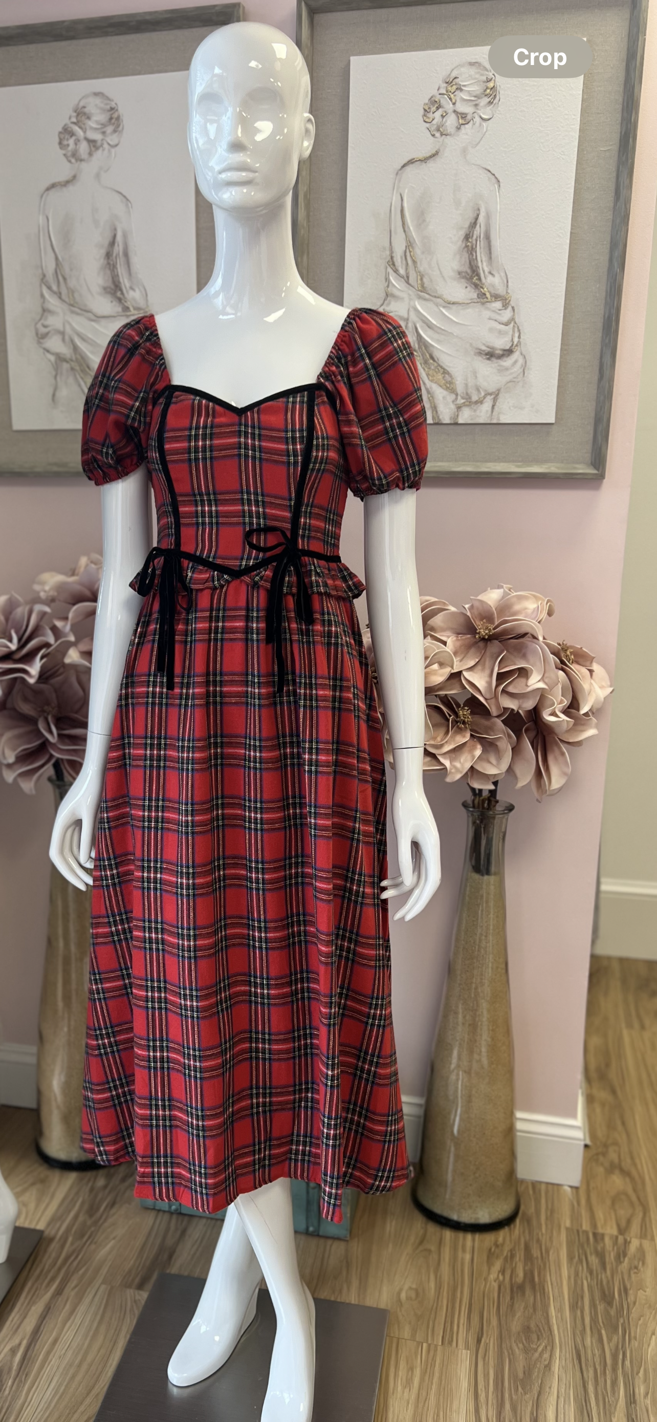 Red Multi - Plaid Puff Sleeve Velvet Trim Midi Dress