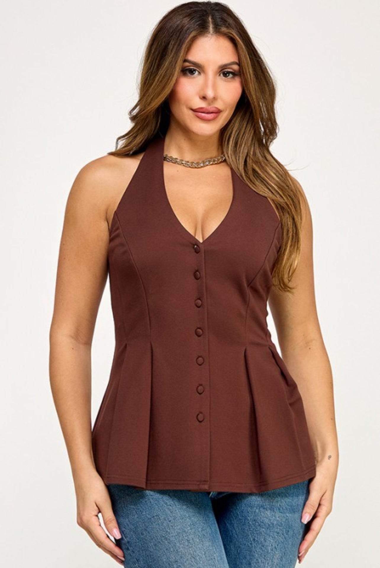 Chocolate Halter Neck Peplum Vest Top
