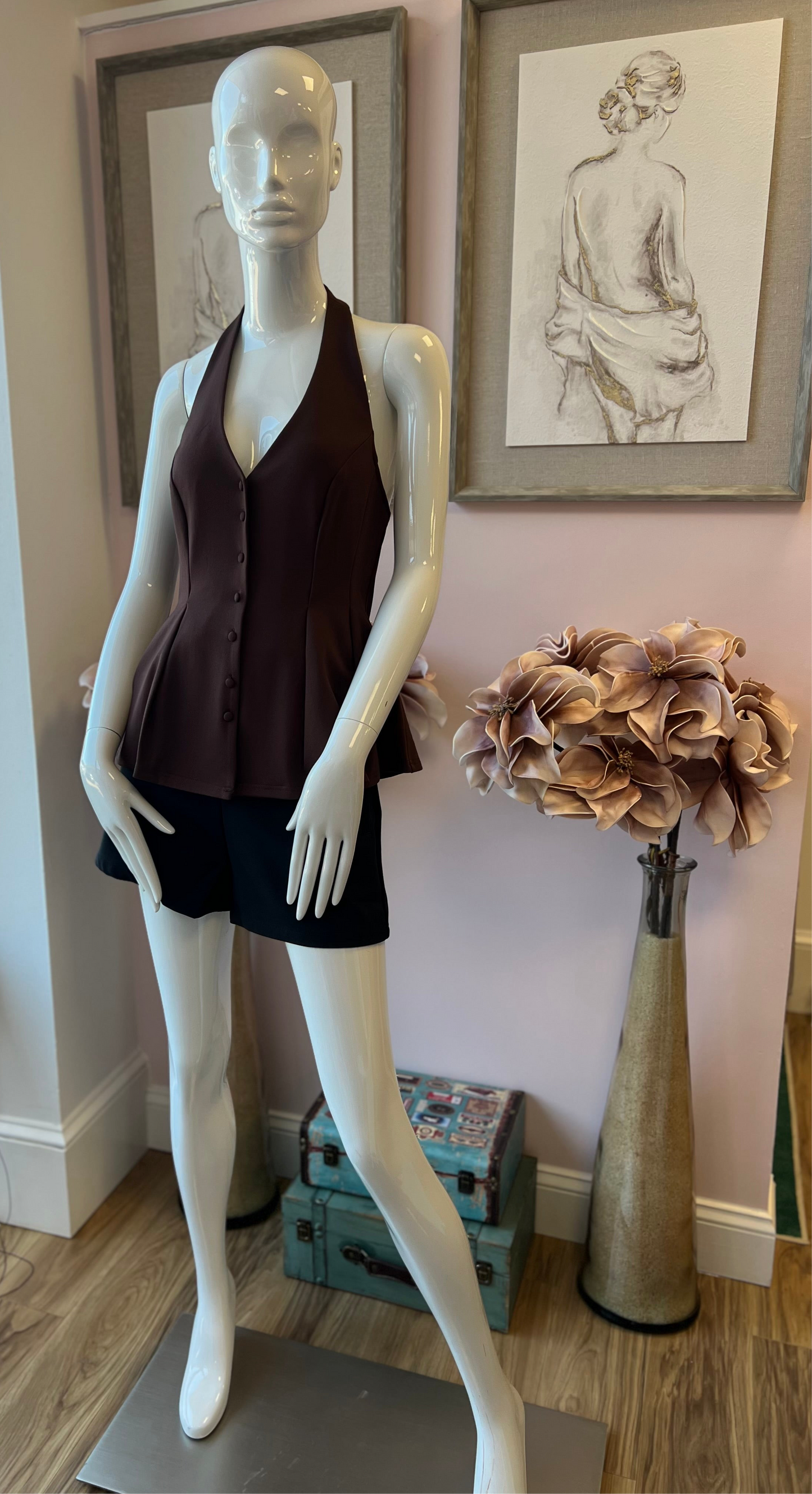Chocolate Halter Neck Peplum Vest Top