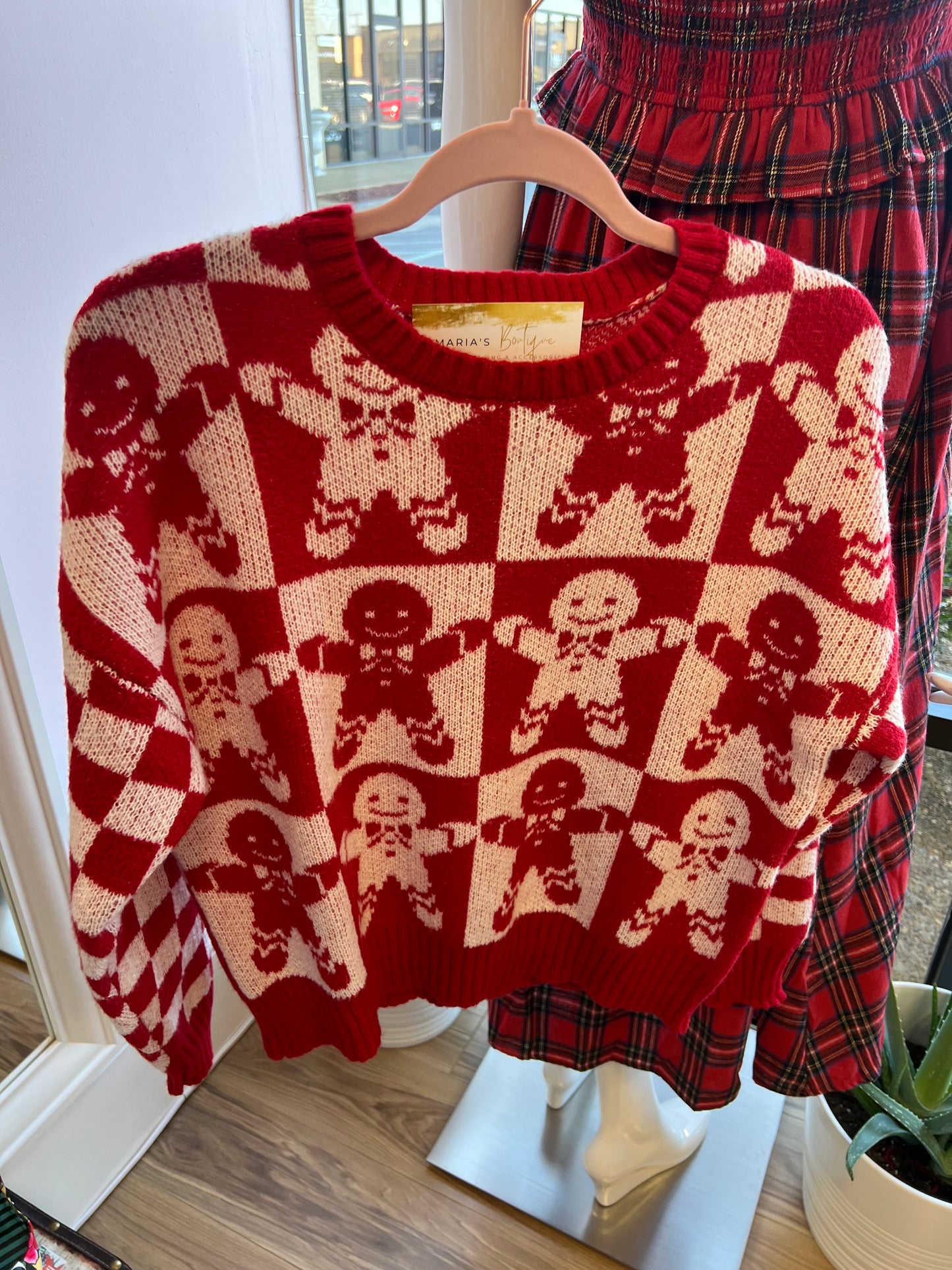 Red Multi- Checkered Gingerbread Jacquard Knit Sweater