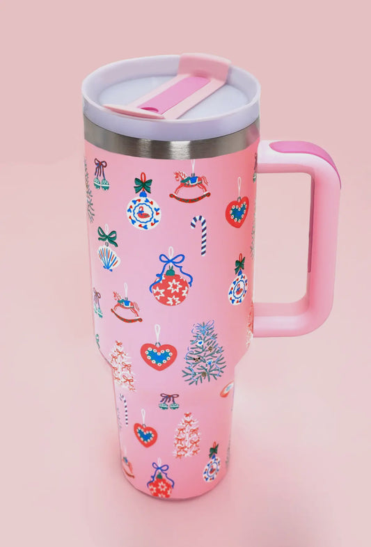 Stainless Steel Tumbler- Christmas Ornament Pink