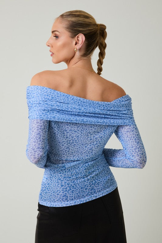 Off-Shoulder Animal Print Mesh Top
