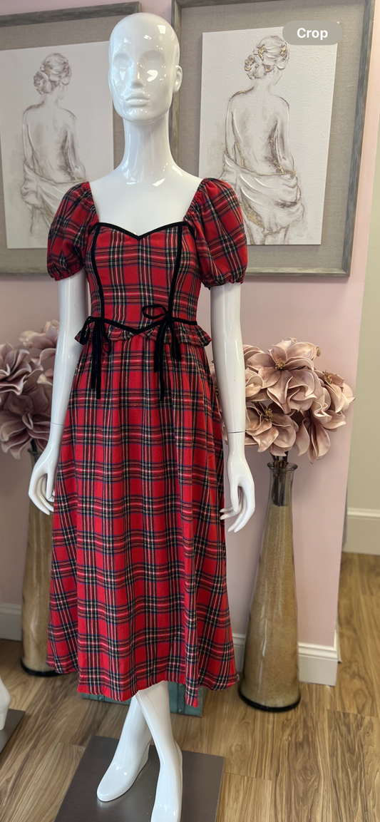 Red Multi - Plaid Puff Sleeve Velvet Trim Midi Dress