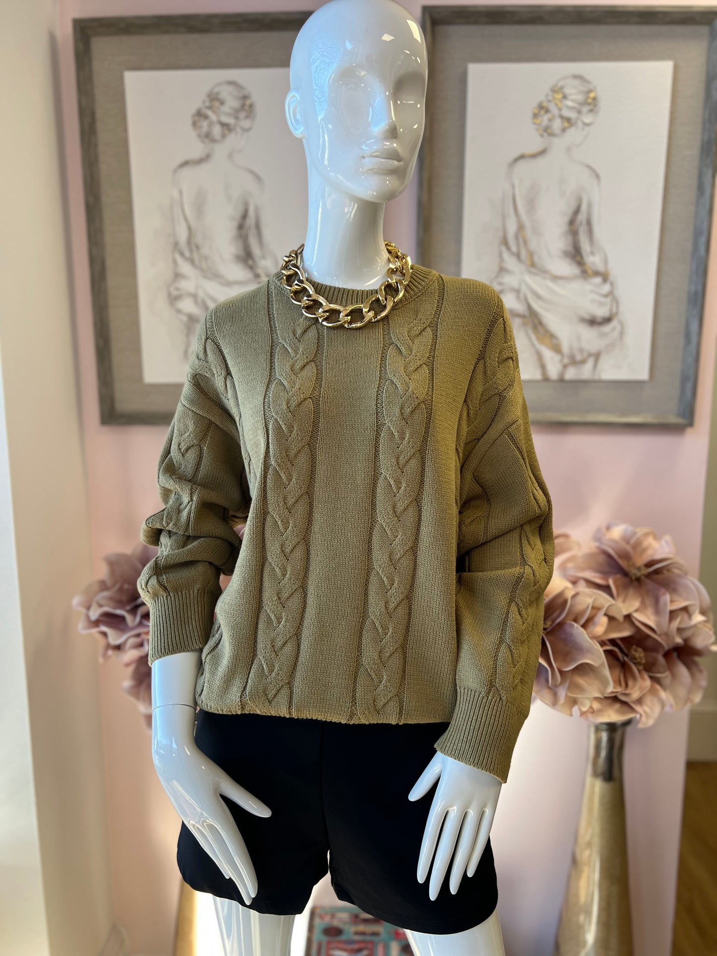 Olive Oversized Cable Sweater Top