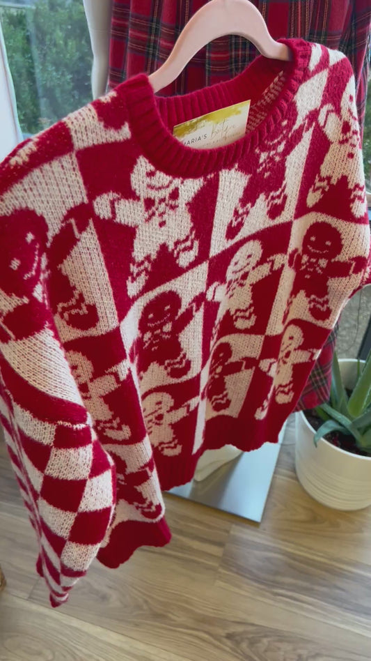 Red Multi- Checkered Gingerbread Jacquard Knit Sweater